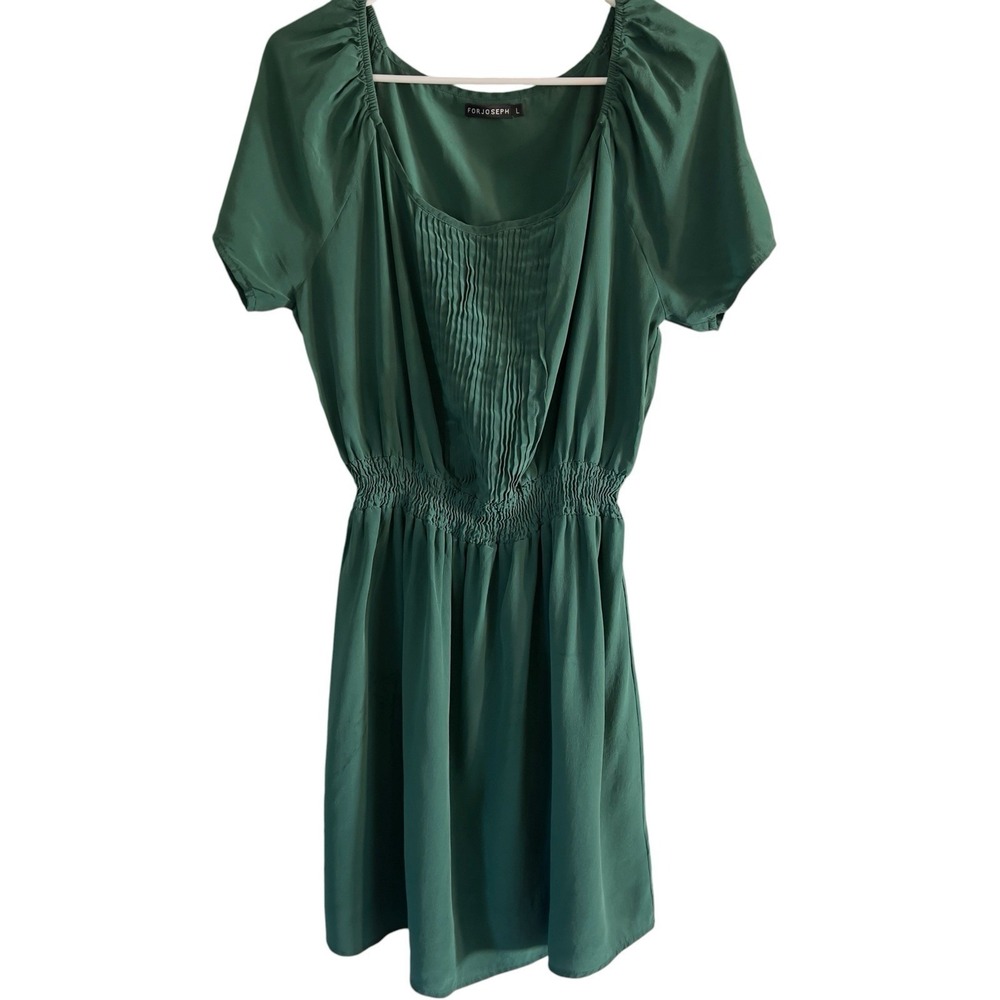For Joseph 100% Silk Mini Dress Large Emerald Green Pintuck Smocked Waist